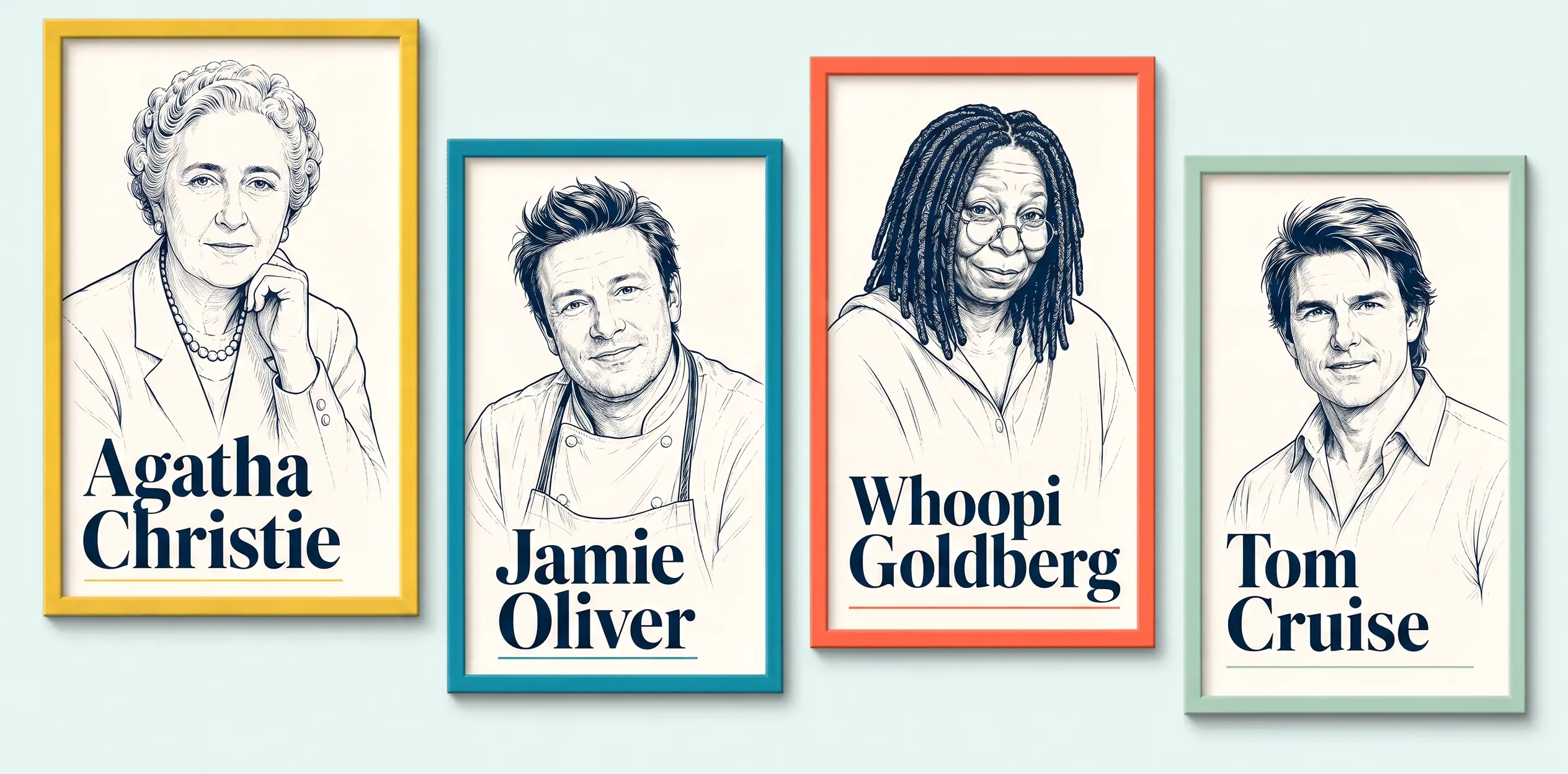 Illustration von Agatha Christie, Jamie Oliver, Whoopi Goldberg und Tom Cruise